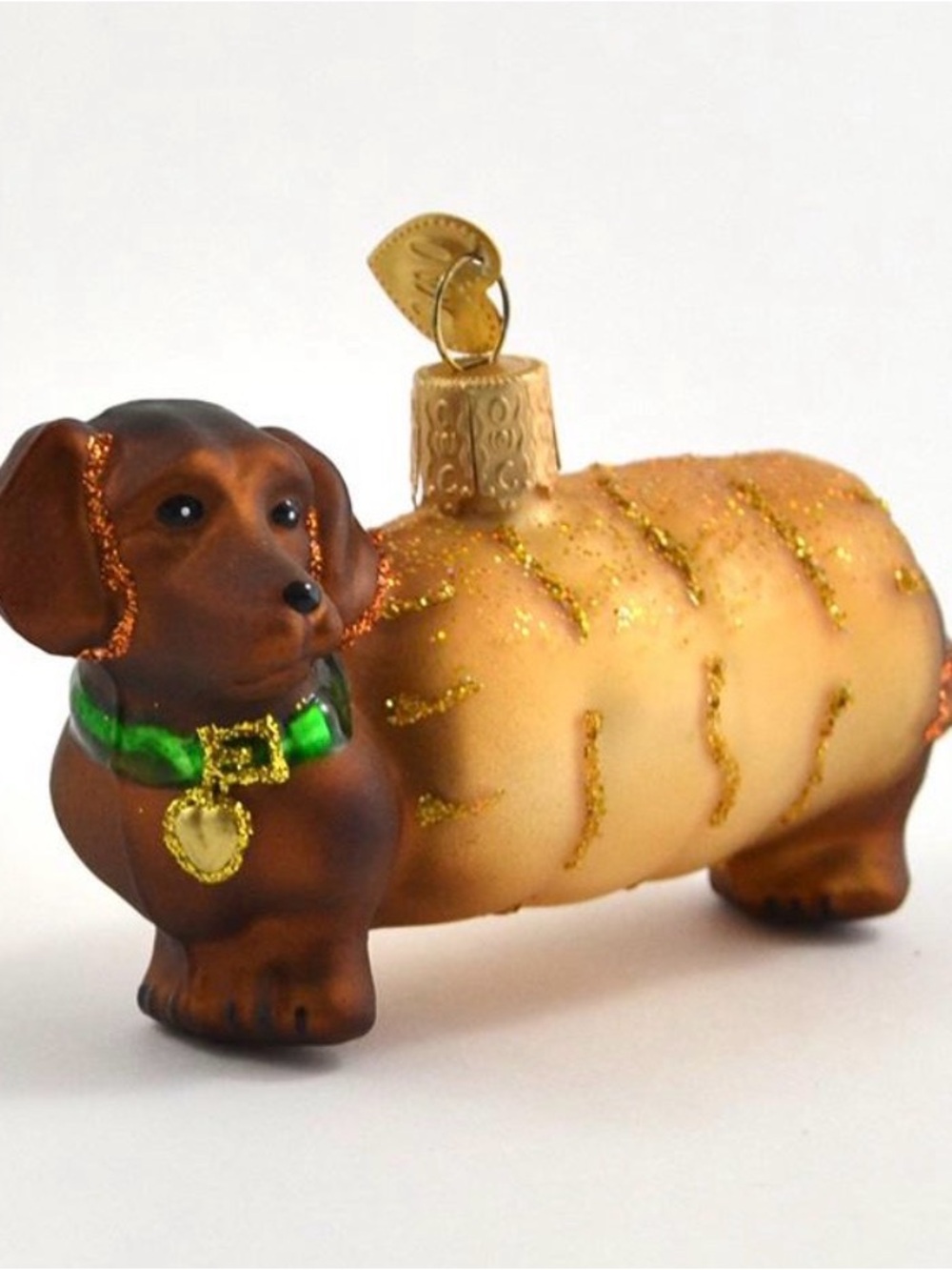 Glass Dachshund Sausage Dog Holiday Ornament in Brown and Cream
